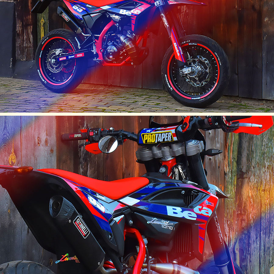 Dekorationssatz Beta 50cc blau, rot und schwarz mit Zahlen in Chrom