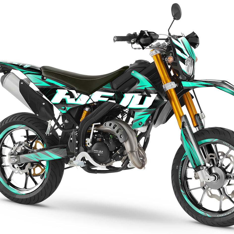Kit pegatinas 50cc Rieju MRT 2022-2025 Magix con diseño gráfico moderno en moto supermotard.
