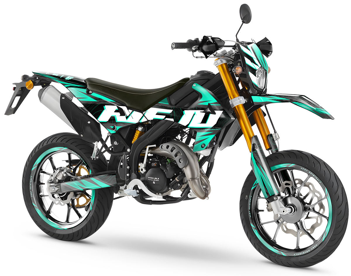 Kit pegatinas 50cc Rieju MRT 2022-2025 Magix con diseño gráfico moderno en moto supermotard.