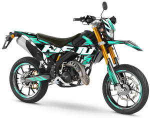 Kit pegatinas 50cc Rieju MRT 2022-2025 Magix con diseño gráfico moderno en moto supermotard.