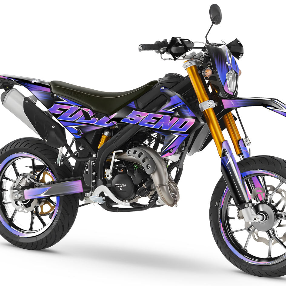 Kit pegatinas 50cc Rieju MRT 2022-2025 Diseño Message Star en una motocicleta deportiva con colores vibrantes.