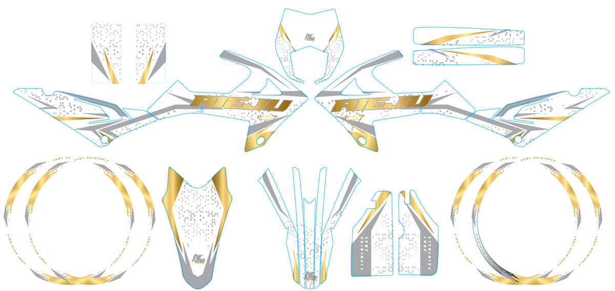 Kit déco 50cc Rieju MRT 2022-2025 Saktiprem avec design audacieux et spirituel en blanc et or.