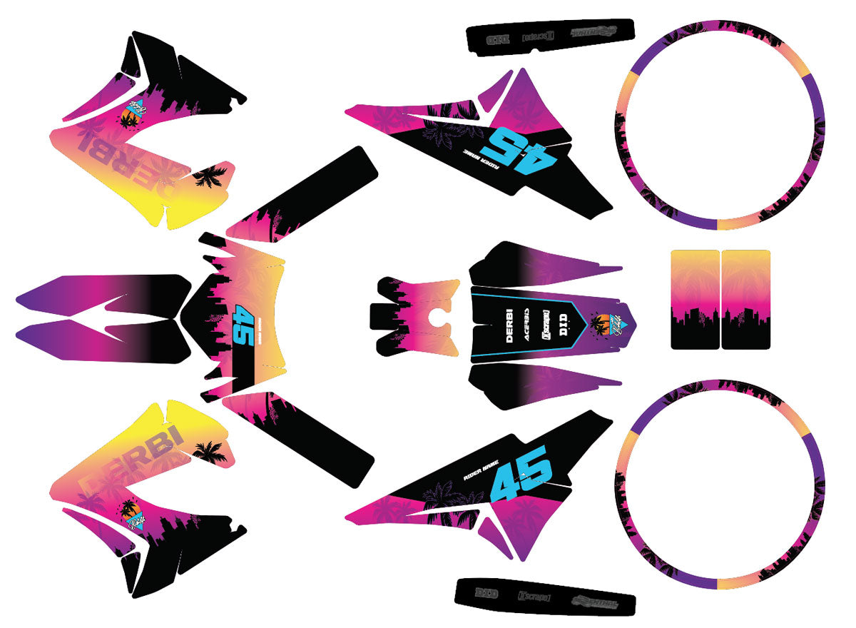Kit déco 50cc Derbi Senda TNT Tuning Miami | autocollants moto | personnalisation 50cc | armysctv