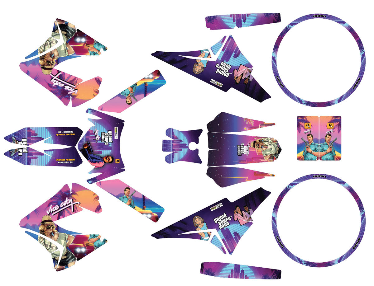 Kit déco 50cc Derbi Senda TNT Tuning Vice City | autocollants moto | personnalisation 50cc | armysctv