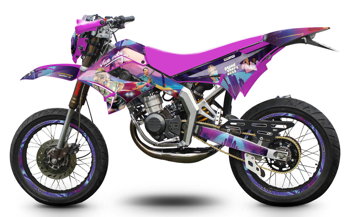 Kit déco 50cc Derbi Senda TNT Tuning Vice City | autocollants moto | personnalisation 50cc | armysctv