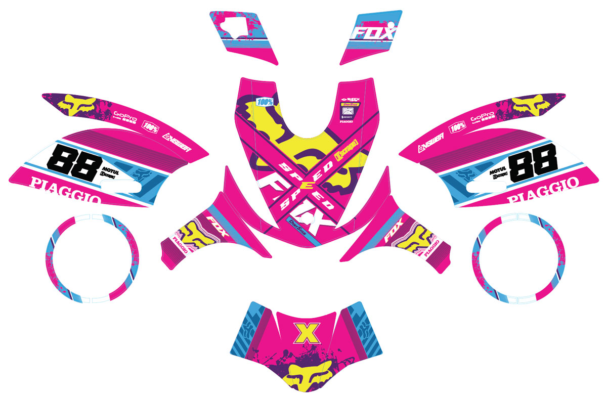 Kit déco 50cc Piaggio Zip 2000-2025 Pink Fox | autocollants moto | personnalisation 50cc | armysctv