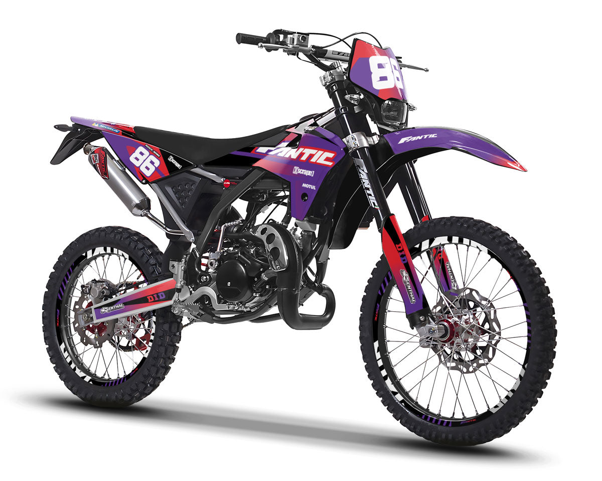 kit déco fantic 50cc Enduro violet, rouge et noir, dsign moderne et percutant