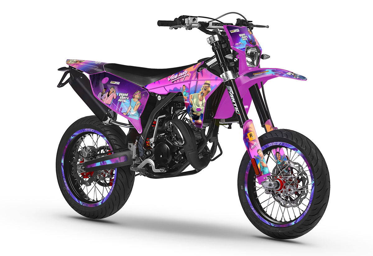 kit déco fantic XM 2023 Vice City, couleurs : rose, violet et bleu ciel