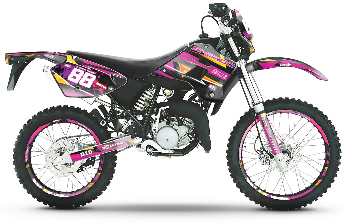Kit déco Sherco 50cc - 1998 à 2005 - Rose, Violet, Orange et Jaune avec Logo Army - Vinyle de qualité supérieure - Colle extra forte - Protection optimale - Personnalisez votre moto - Designs uniques - Kit complet.