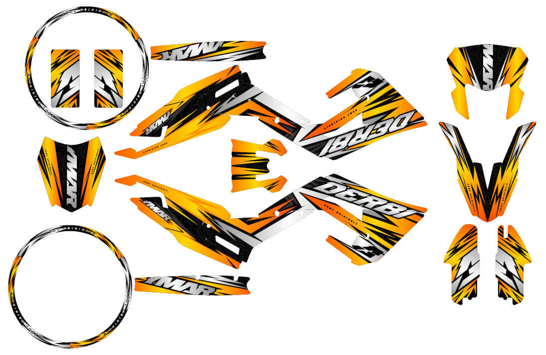 Kit déco 50cc Derbi Senda xtreme 2018-2025 Sanary avec design graphique moderne et élégant en vinyle.