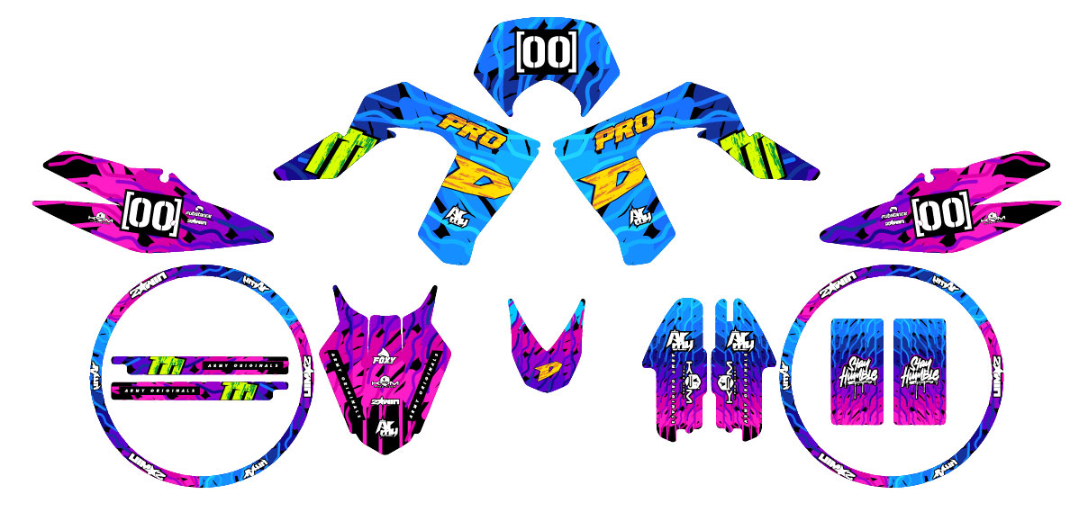 Kit déco 50cc Derbi DRD Pro Sparkler - Design moderne et coloré pour supermotard avec stickers et autocollants.