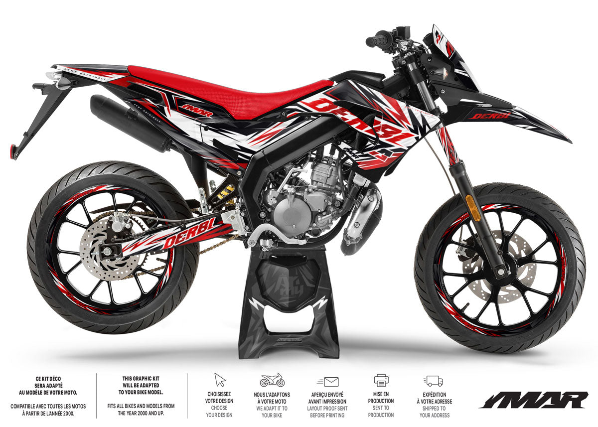 Kit déco 50cc Derbi Senda xtreme 2018-2025 Arko, model showcasing bold design and modern aesthetics for supermotard enthusiasts.