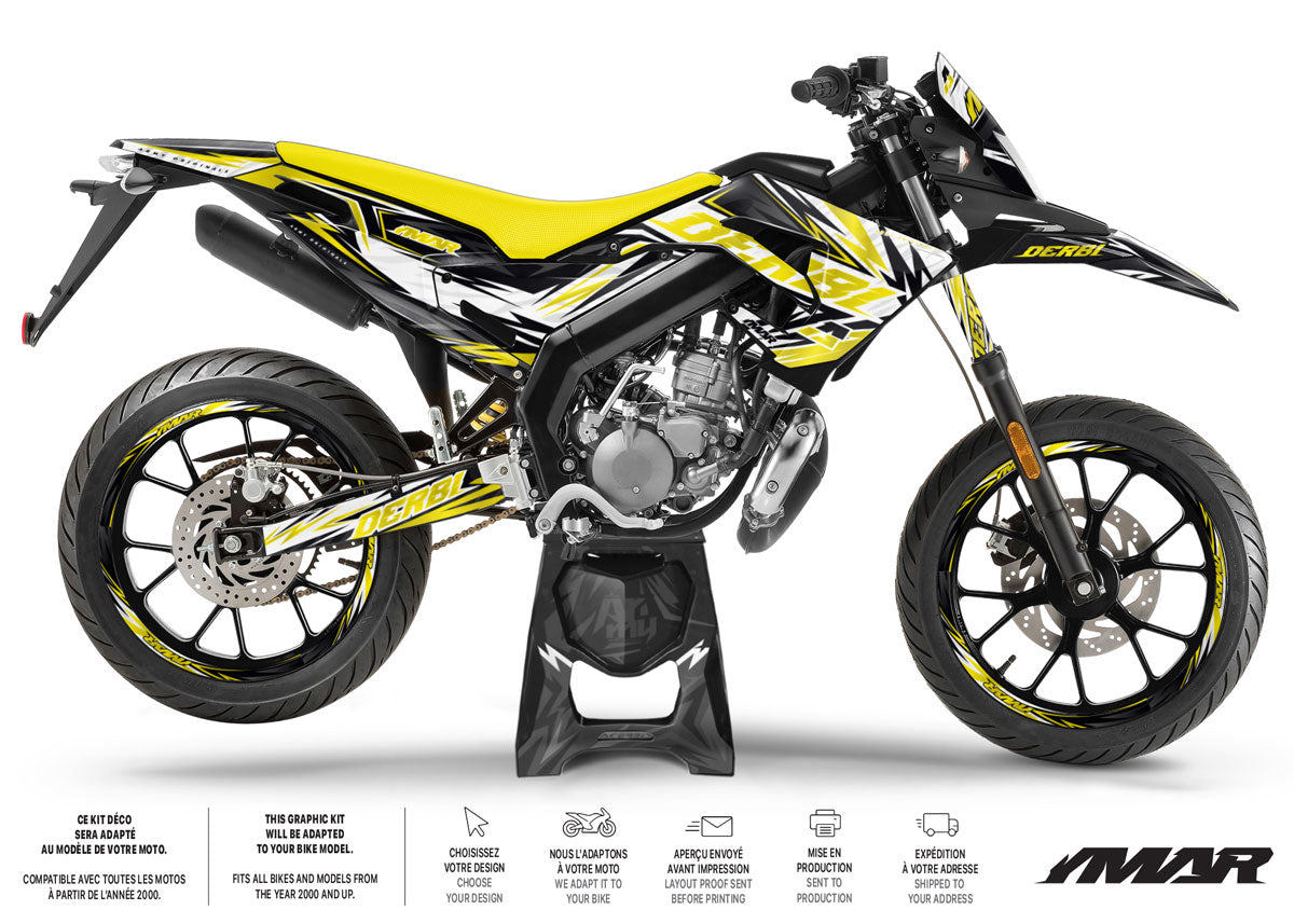 Kit déco 50cc Derbi Senda xtreme 2018-2025 Arko sur une moto supermotard sportive avec design audacieux.