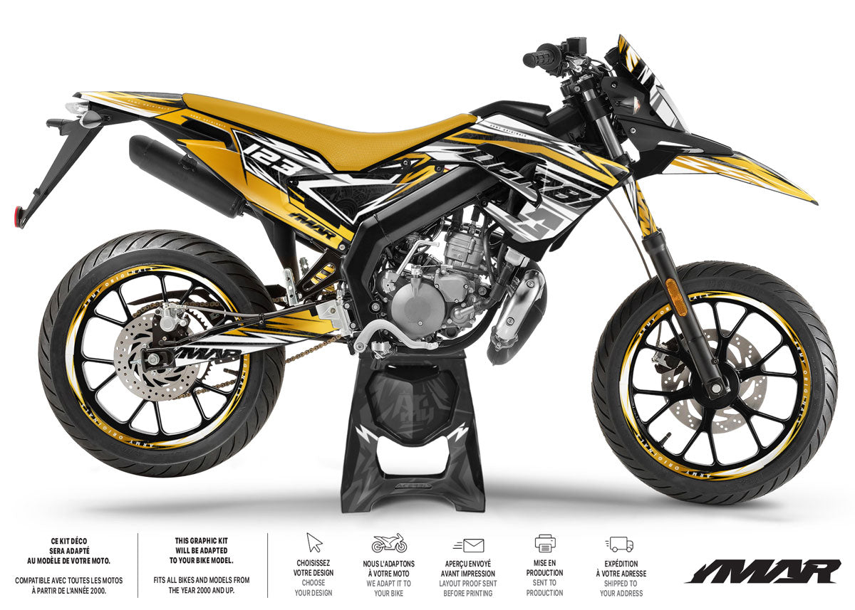 Kit déco 50cc Derbi Senda xtreme 2018-2025 Netlines sur moto supermotard avec design géométrique.