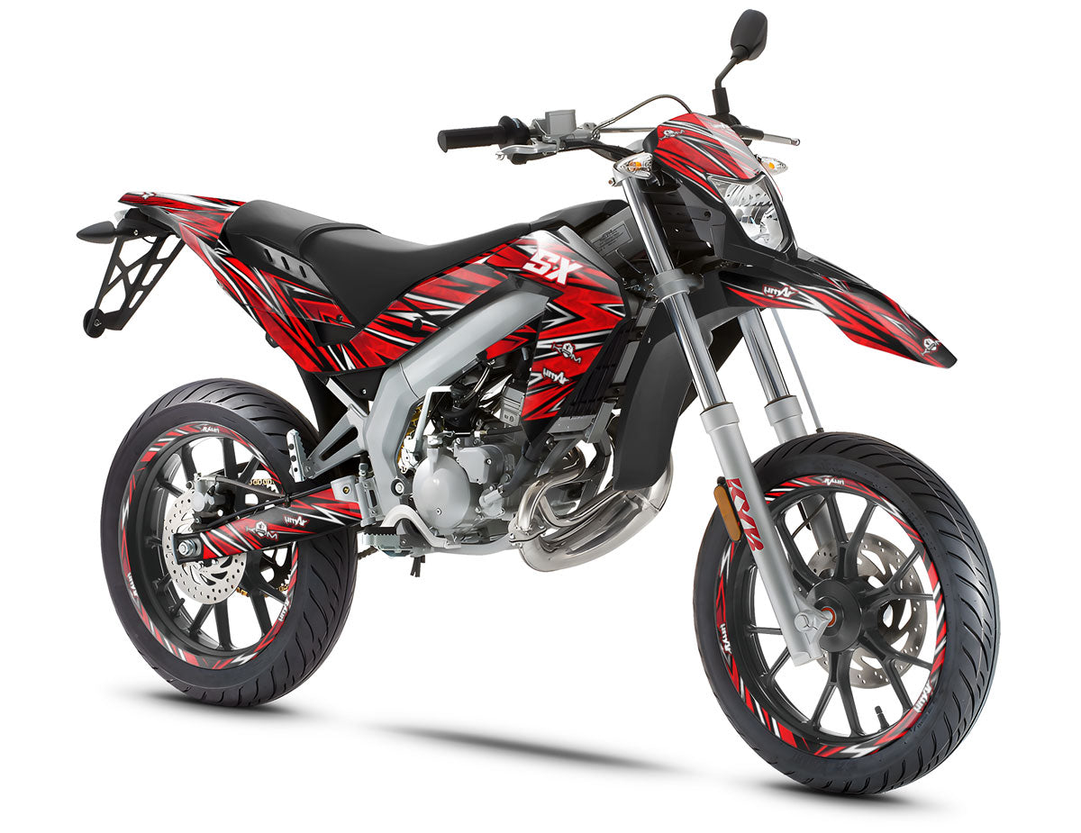 Kit déco 50cc Cutvector - Compatible avec Aprilia SX/RX 2006-2017 sur moto supermotard avec design rouge et noir.