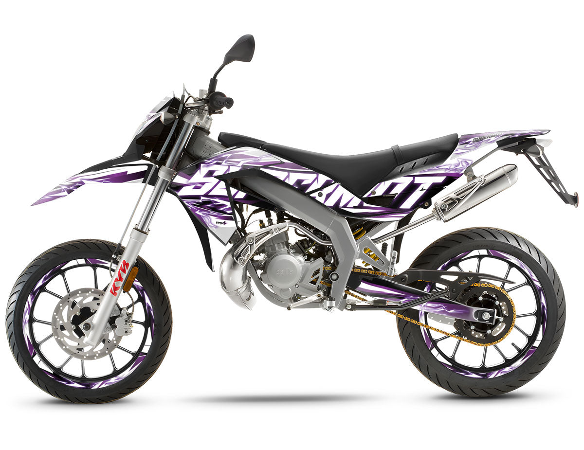 Kit pegatinas 50cc Shaker - Compatible con Aprilia SX/RX 2006-2017 en moto negra y violeta
