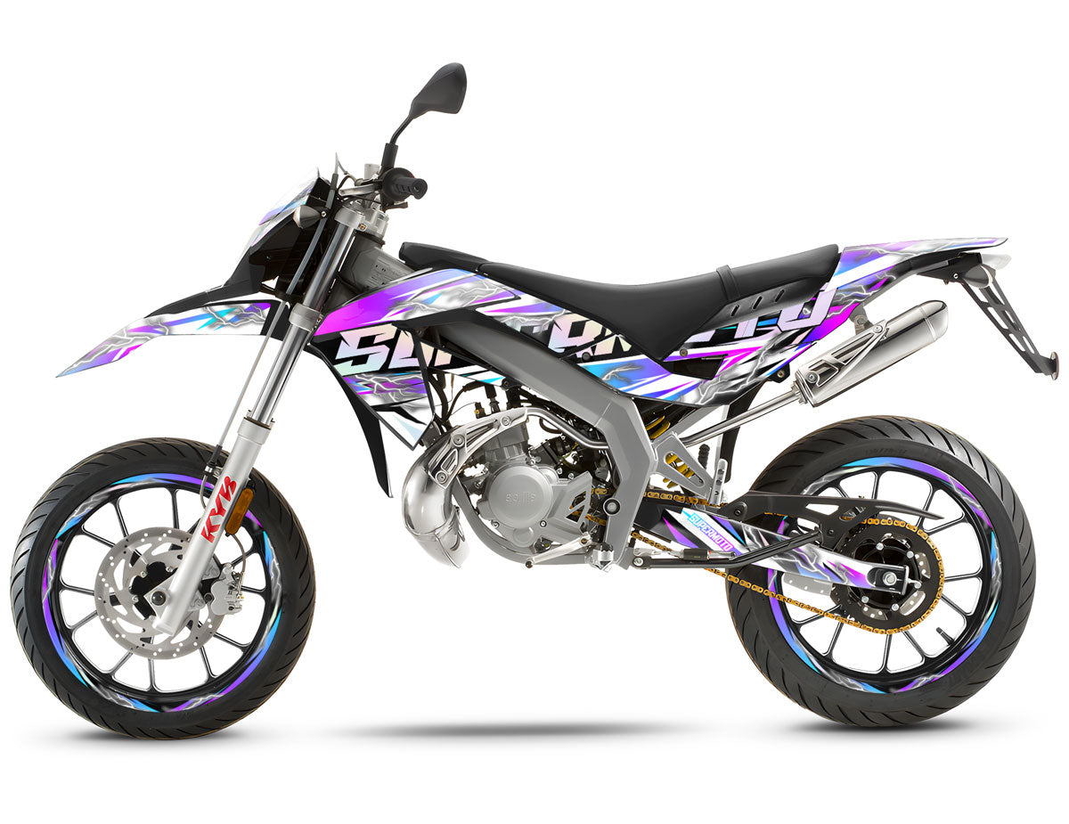 Kit déco 50cc Shiro - Compatible avec Aprilia SX/RX 2006-2017 sur une moto avec stickers colorés.