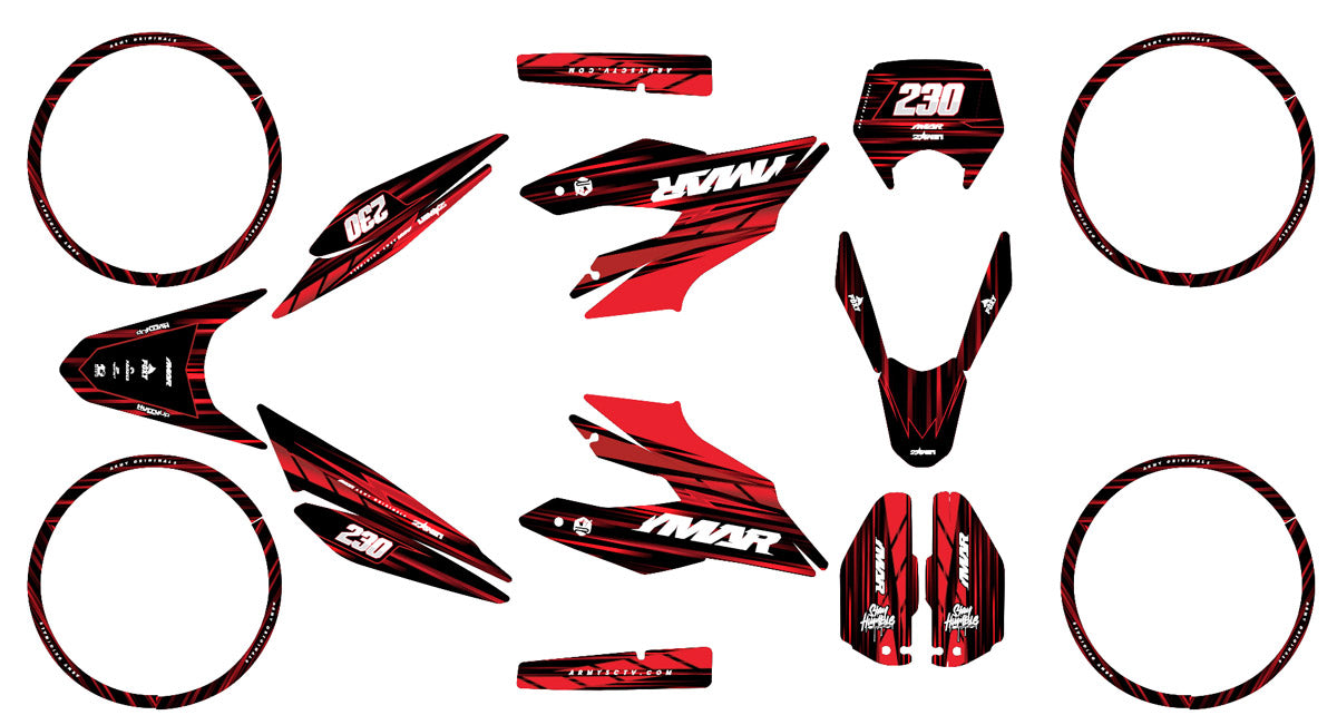 Kit déco moto 125cc D'or et de Platine - Compatible avec Aprilia SX/RX 2018-2023 avec design rouge et noir.