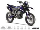 125cc motorcycle graphics kit Gold and Platinum - Compatible with Aprilia SX/RX 2018-2023 on a supermoto motorcycle.