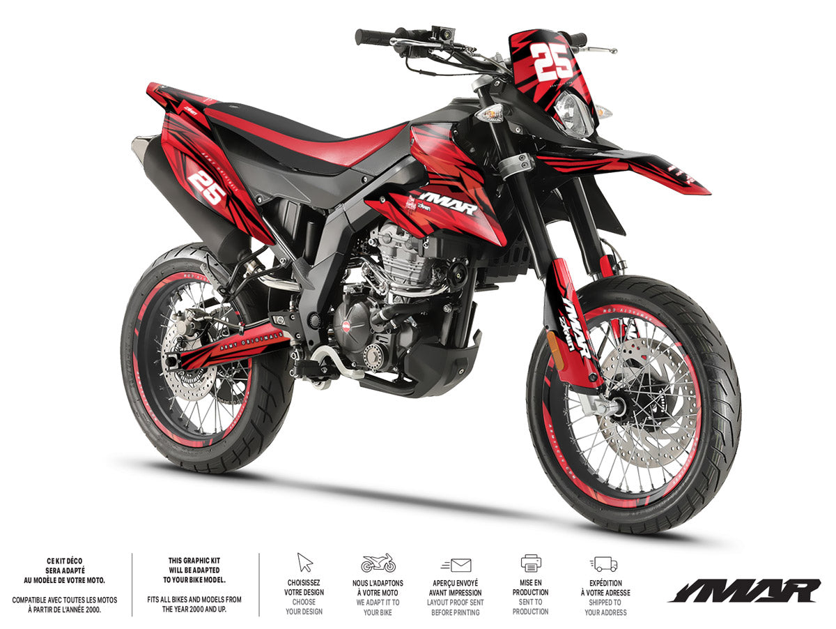 Kit déco moto 125cc Flamer - Compatible avec Aprilia SX/RX 2018-2023 sur moto tout terrain avec stickers dynamiques.