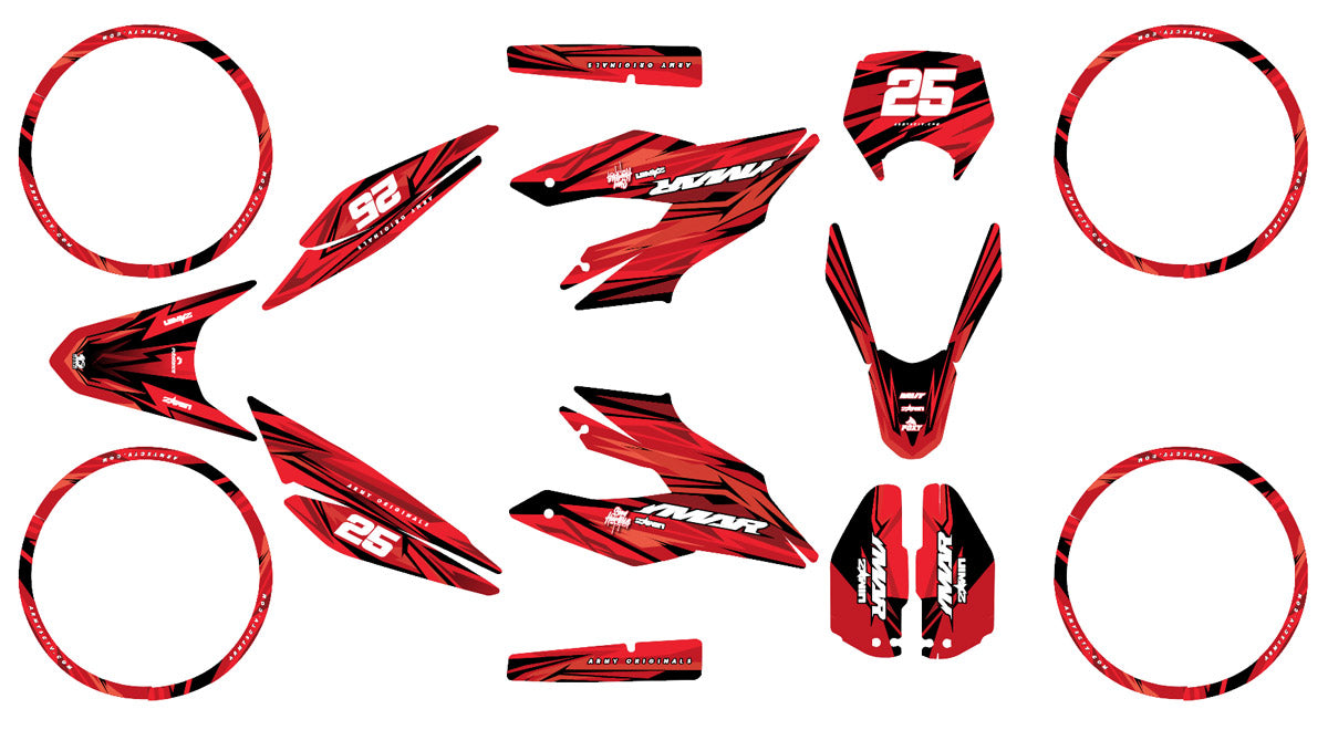 Kit déco moto 125cc Flamer - Compatible avec Aprilia SX/RX 2018-2023 en rouge et noir, stickers graphiques inclus.