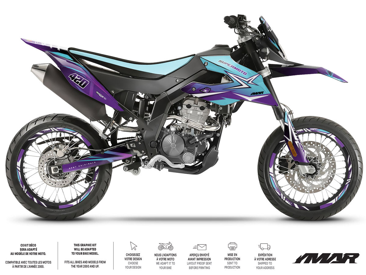 Kit déco moto 125cc GD Prod - Compatible avec Aprilia SX/RX 2018-2023 sur une moto supermotard.