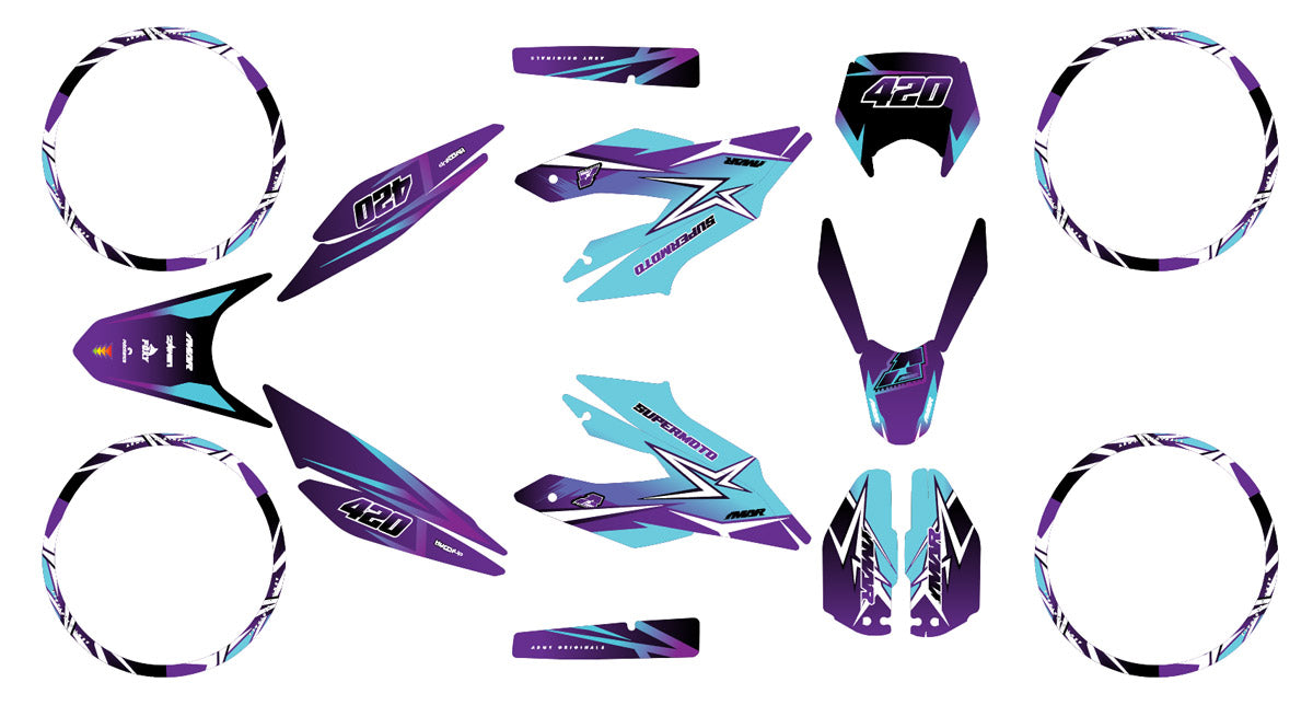 Kit déco moto 125cc GD Prod - Compatible avec Aprilia SX/RX 2018-2023 design en vinyle violet et turquoise pour un style unique