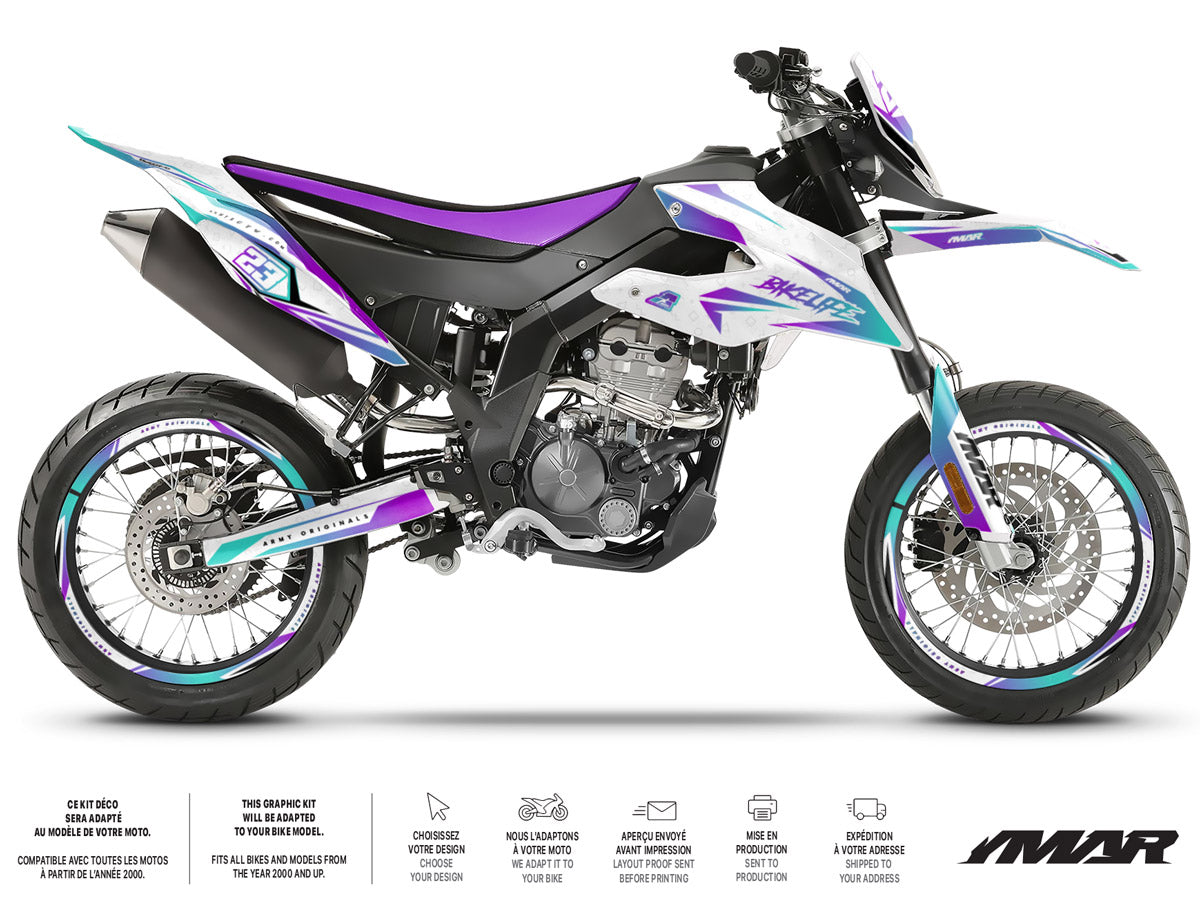 Kit déco moto 125cc Lys - Compatible avec Aprilia SX/RX 2018-2023 sur une moto supermotard moderne et élégante.