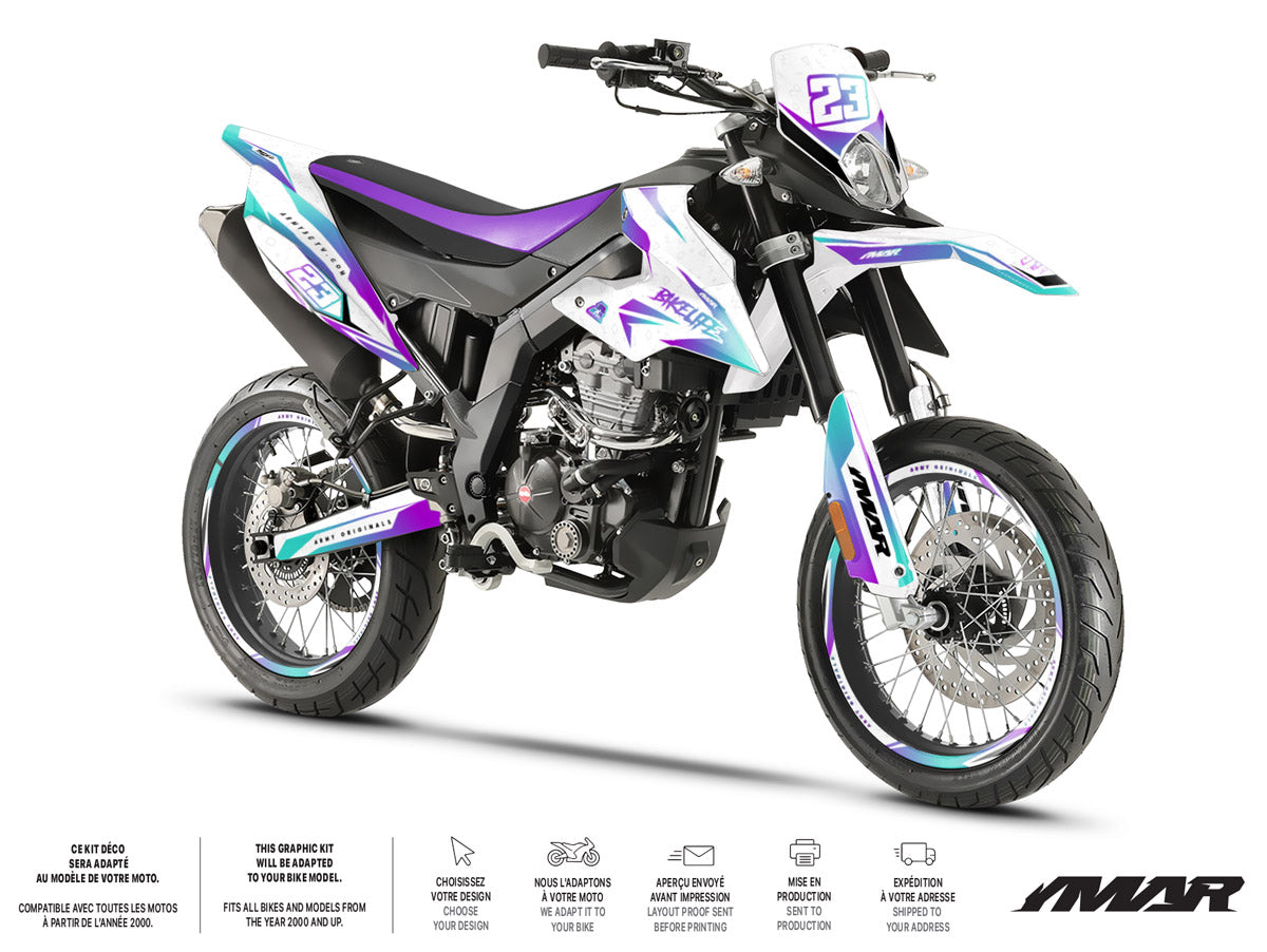 Kit déco moto 125cc Lys - Compatible avec Aprilia SX/RX 2018-2023 sur moto supermotard avec design élégant.