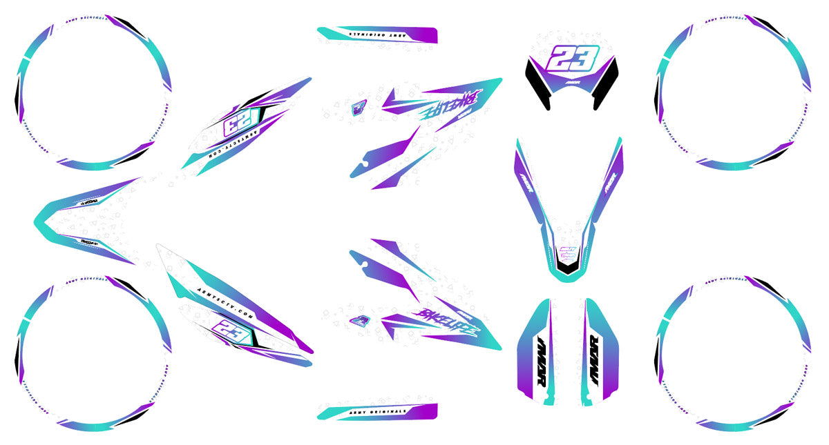 Kit déco moto 125cc Lys - Compatible avec Aprilia SX/RX 2018-2023 design en violet et turquoise pour personnalisation de moto.