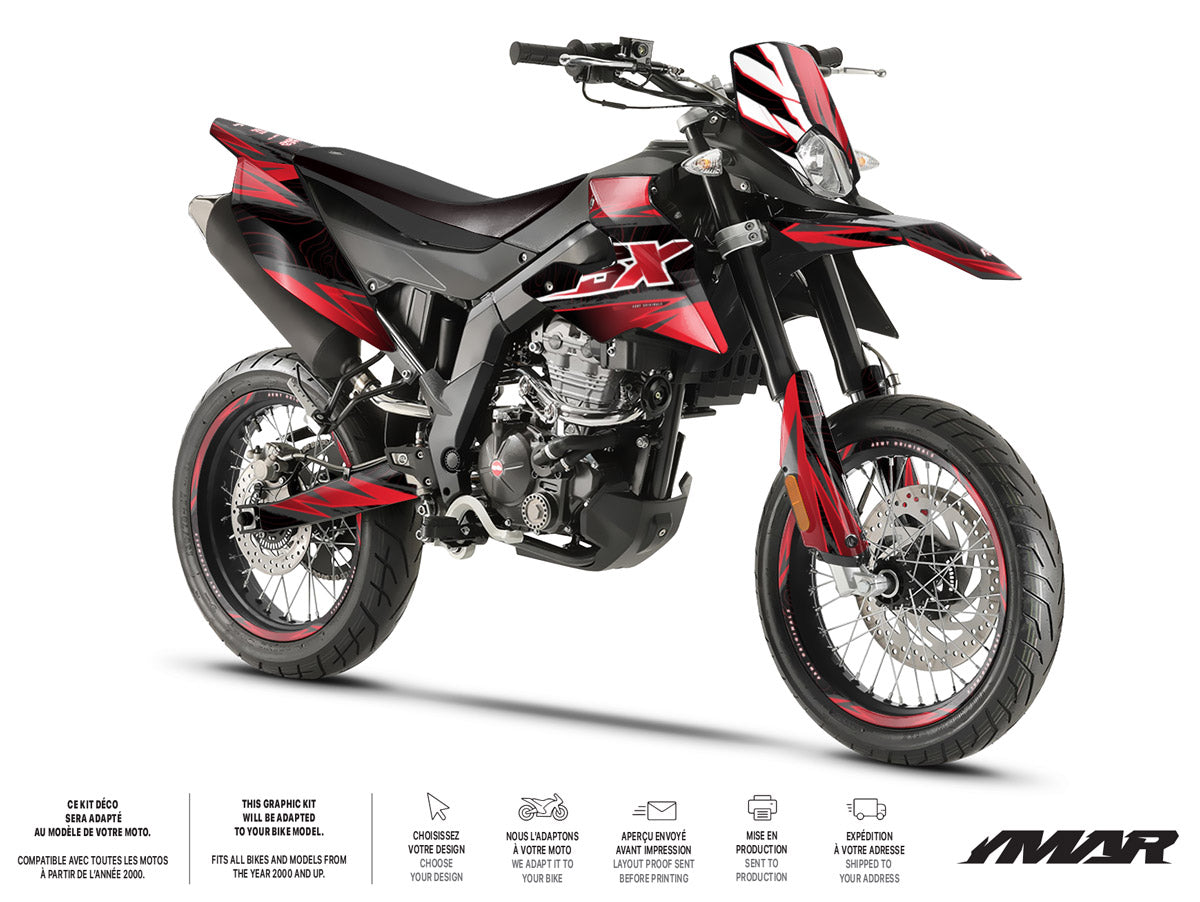 Kit déco moto 125cc Magix - Compatible avec Aprilia SX/RX 2018-2023 sur moto supermotard noire et rouge.