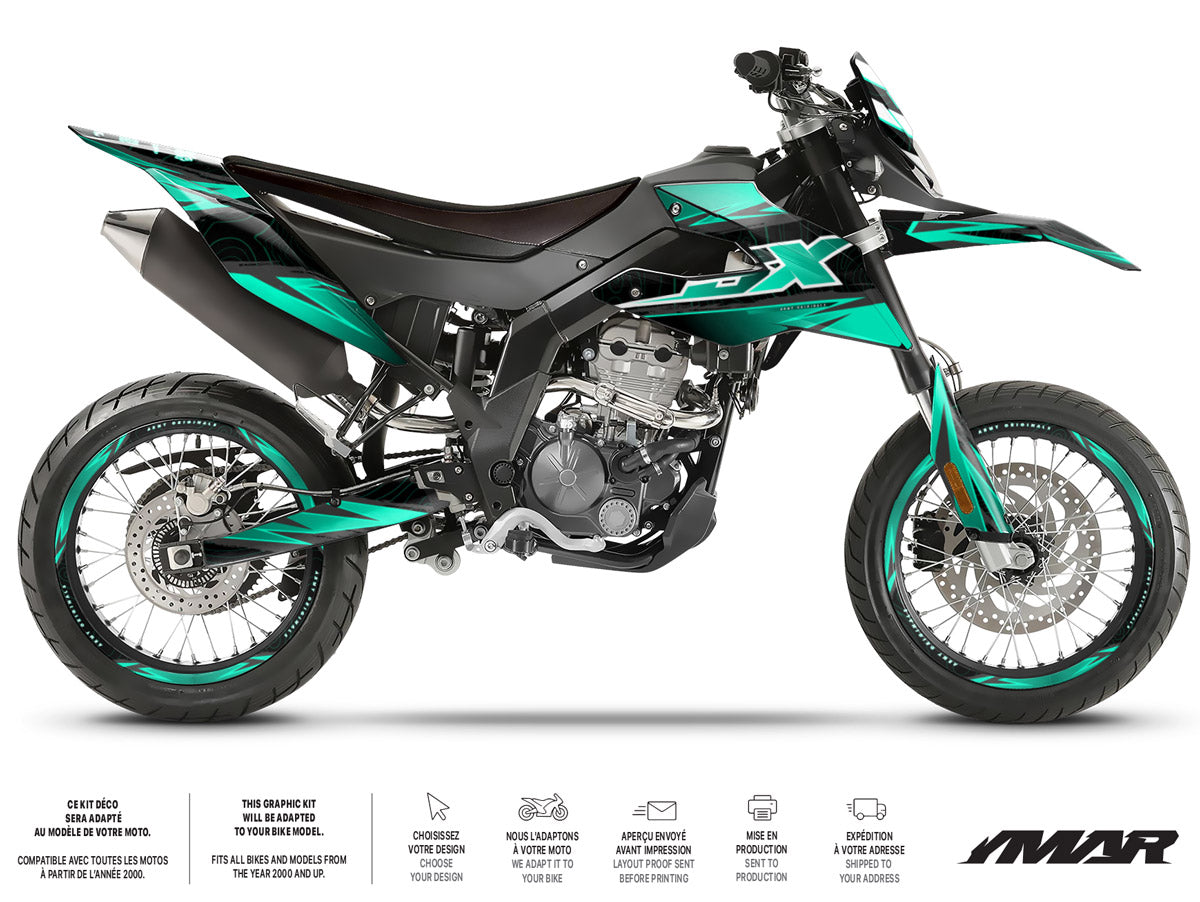 Kit déco moto 125cc Magix - Compatible avec Aprilia SX/RX 2018-2023 sur une moto supermotard moderne.