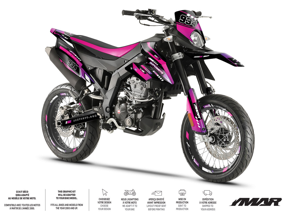 Kit déco moto 125cc Nerine - Compatible avec Aprilia SX/RX 2018-2023 sur moto noire et rose.