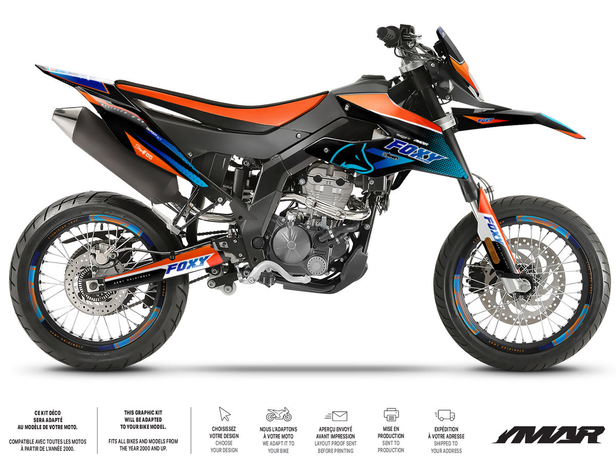 Kit déco moto 125cc Orange Fox - Compatible avec Aprilia SX/RX 2018-2023, supermotard sportive avec design dynamique.