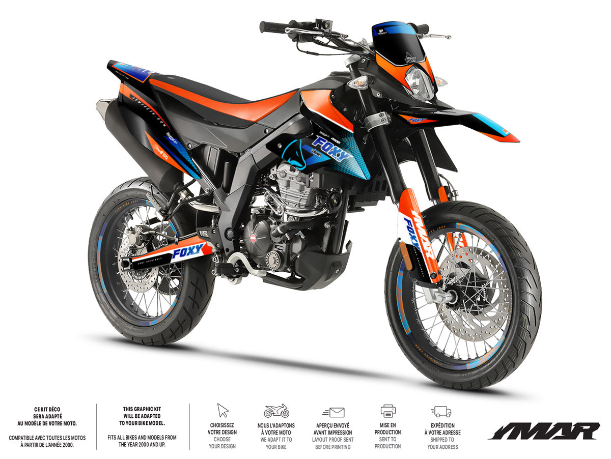 Kit déco moto 125cc Orange Fox - Compatible avec Aprilia SX/RX 2018-2023 sur moto supermotard.