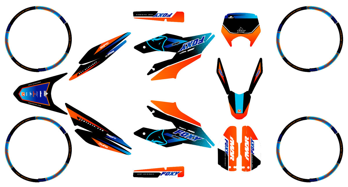 Kit déco moto 125cc Orange Fox - Compatible avec Aprilia SX/RX 2018-2023, design sportif en vinyle premium.