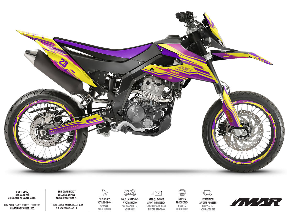 Kit déco moto 125cc Purplesky - Compatible avec Aprilia SX/RX 2018-2023 sur une moto stylée avec design audacieux.