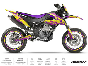 Kit déco moto 125cc Purplesky - Compatible avec Aprilia SX/RX 2018-2023 sur une moto stylée avec design audacieux.