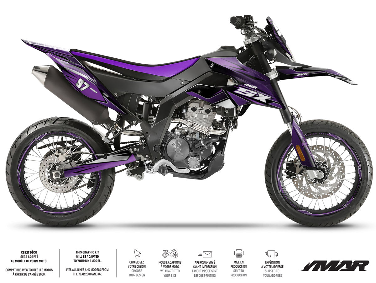 Kit déco moto 125cc Redfast - Compatible avec Aprilia SX/RX 2018-2023 sur une moto moderne en violet noir.
