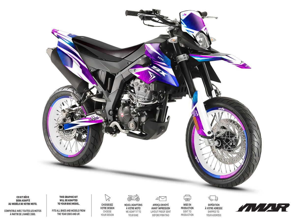 Kit déco moto 125cc R-Force - Compatible avec Aprilia SX/RX 2018-2023 sur moto supermotard avec designs colorés.