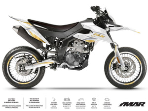 Kit déco moto 125cc Sakti Prem - Compatible avec Aprilia SX/RX 2018-2023 sur une moto supermotard.