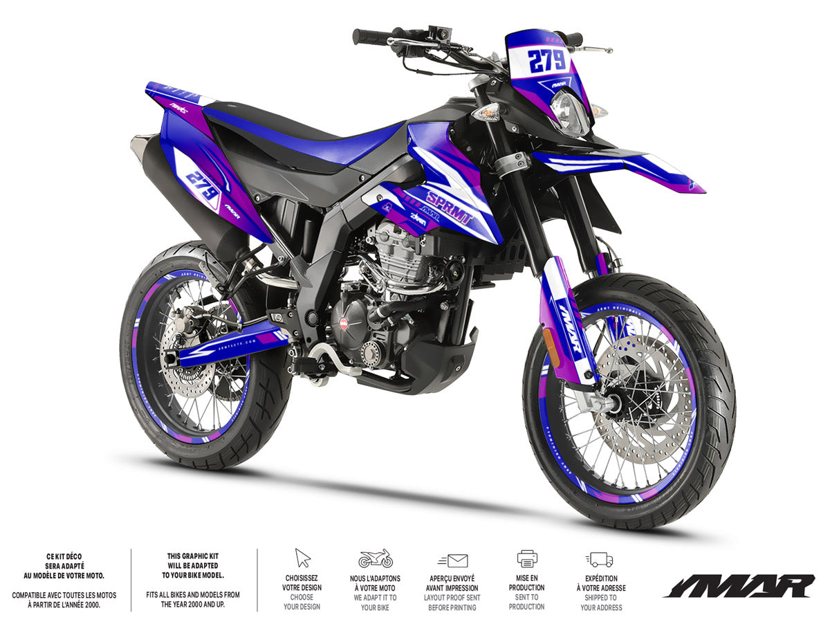Kit déco moto 125cc Skyrider - Compatible avec Aprilia SX/RX 2018-2023 sur une moto avec design dynamique en bleu et violet.