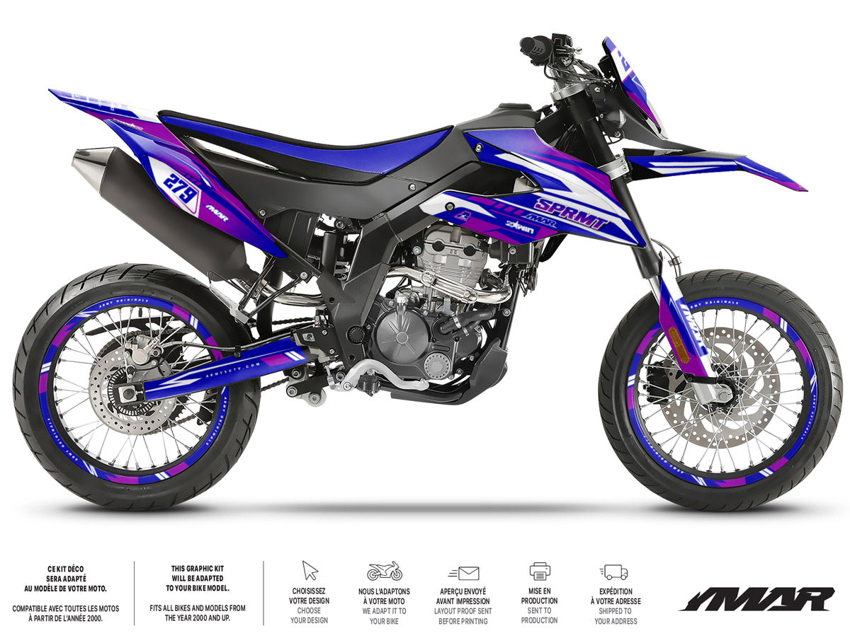 Kit déco moto 125cc Skyrider - Compatible avec Aprilia SX/RX 2018-2023 sur supermotard avec design dynamique.