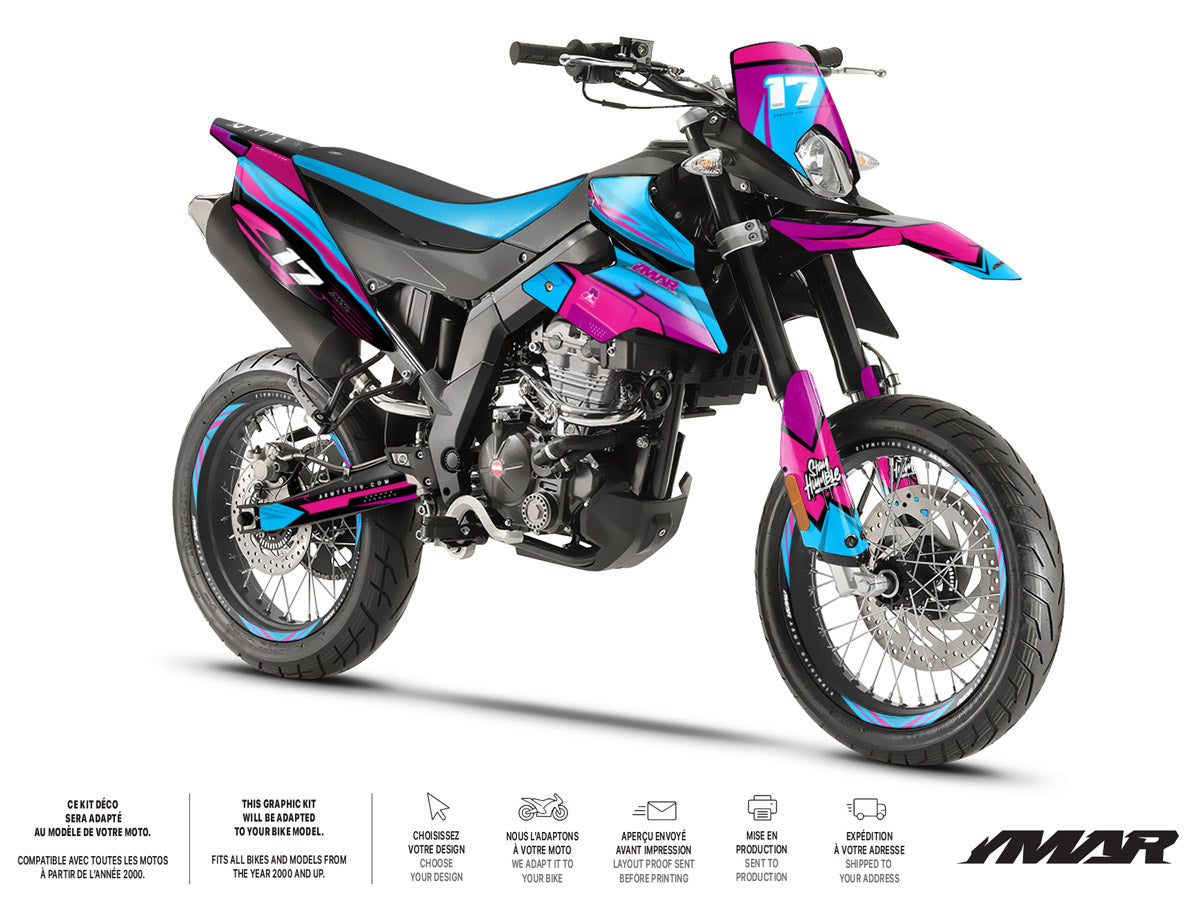 Kit déco moto 125cc Synth - Compatible avec Aprilia SX/RX 2018-2023 sur moto noire et bleue avec design futuriste