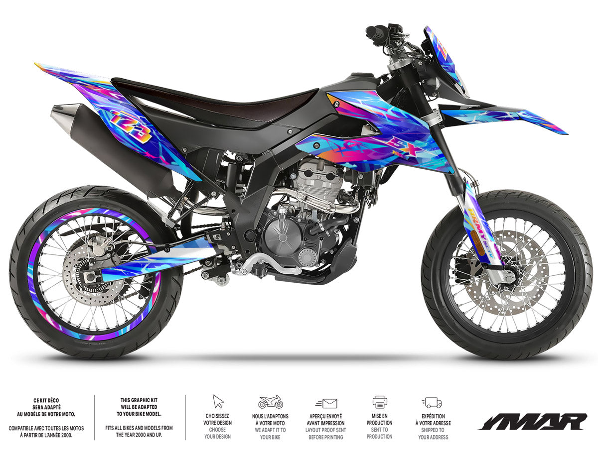 Kit déco moto 125cc Ultravector - Compatible avec Aprilia SX/RX 2018-2023 sur une moto supermotard colorée.