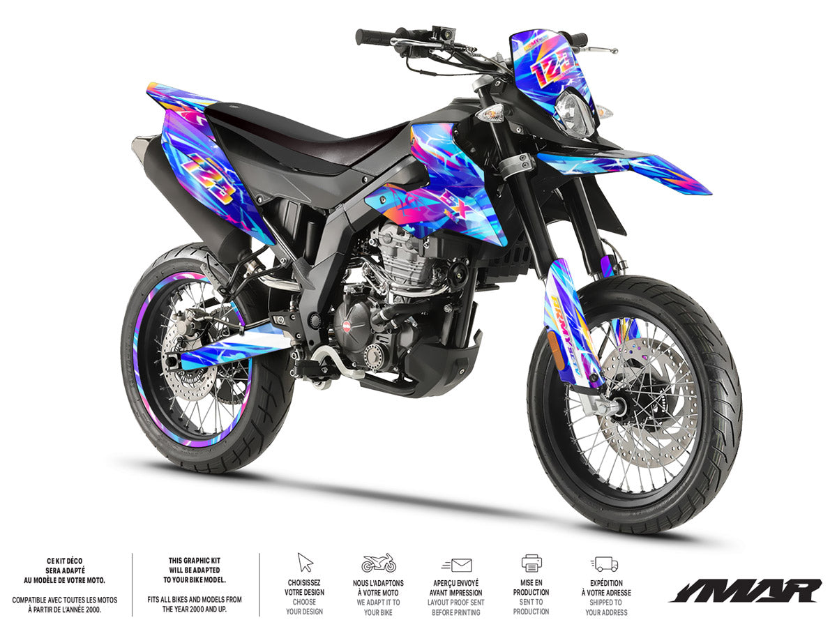 Kit déco moto 125cc Ultravector - Compatible avec Aprilia SX/RX 2018-2023 sur moto supermotard avec design coloré.