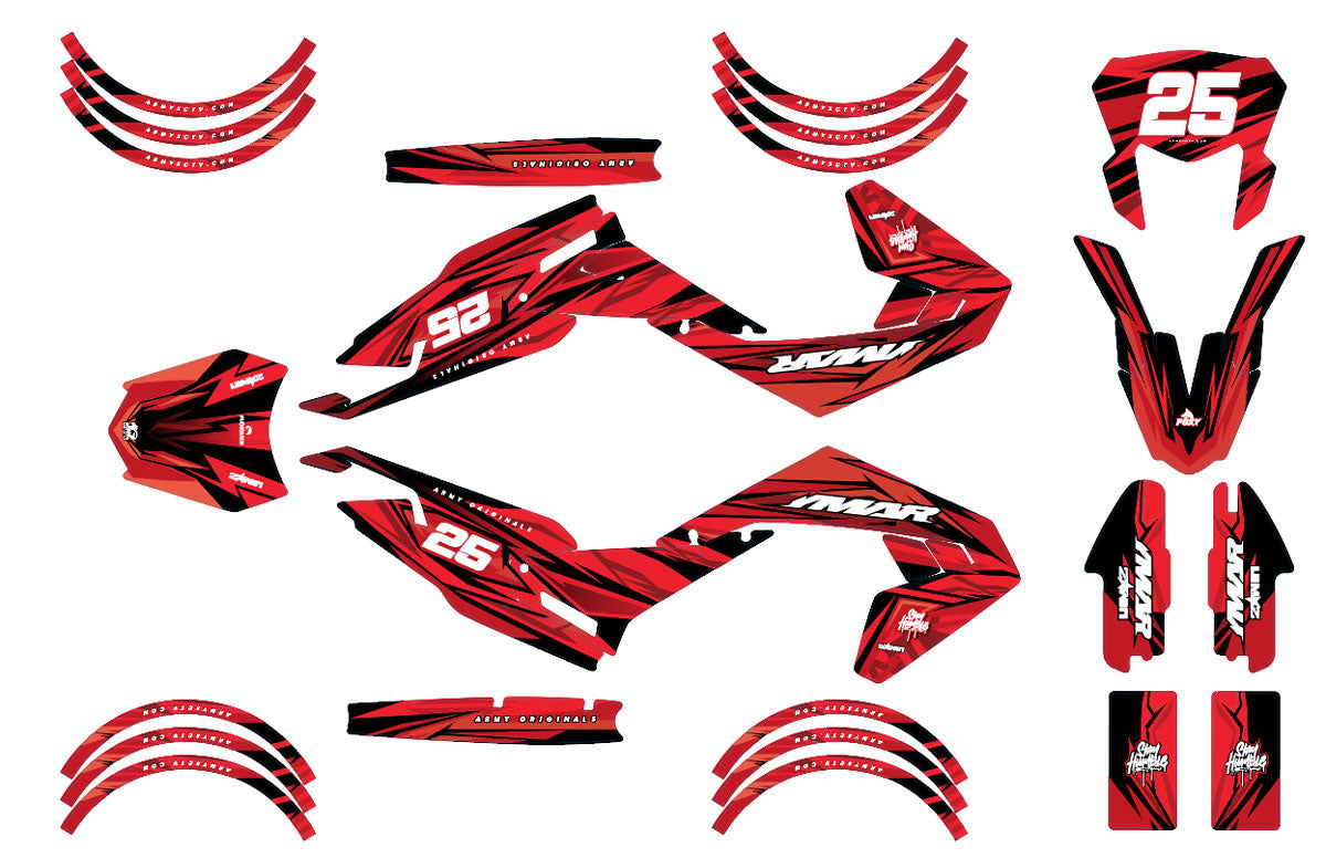 Kit déco moto 50cc Carterz- Compatible avec Aprilia SX/RX 2018-2025, stickers rouges et noir pour personnalisation.