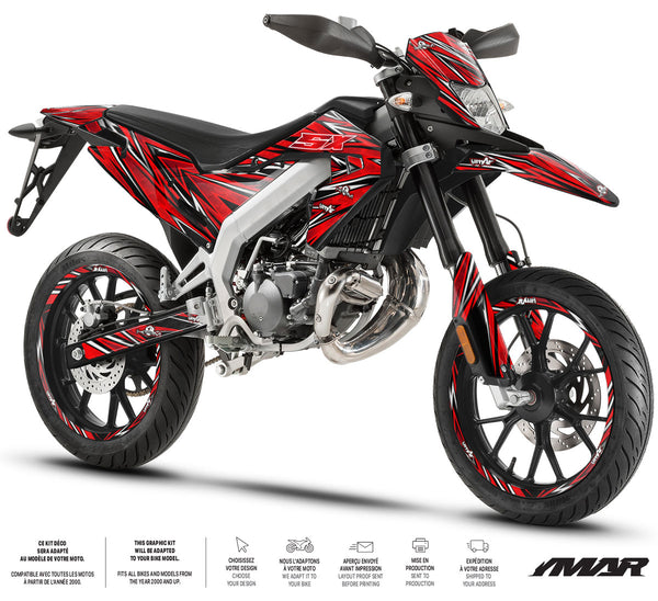 Kit déco moto 50cc Cutvector - Compatible avec Aprilia SX/RX 2018-2025 sur une moto supermotard avec design moderne et esthétique.