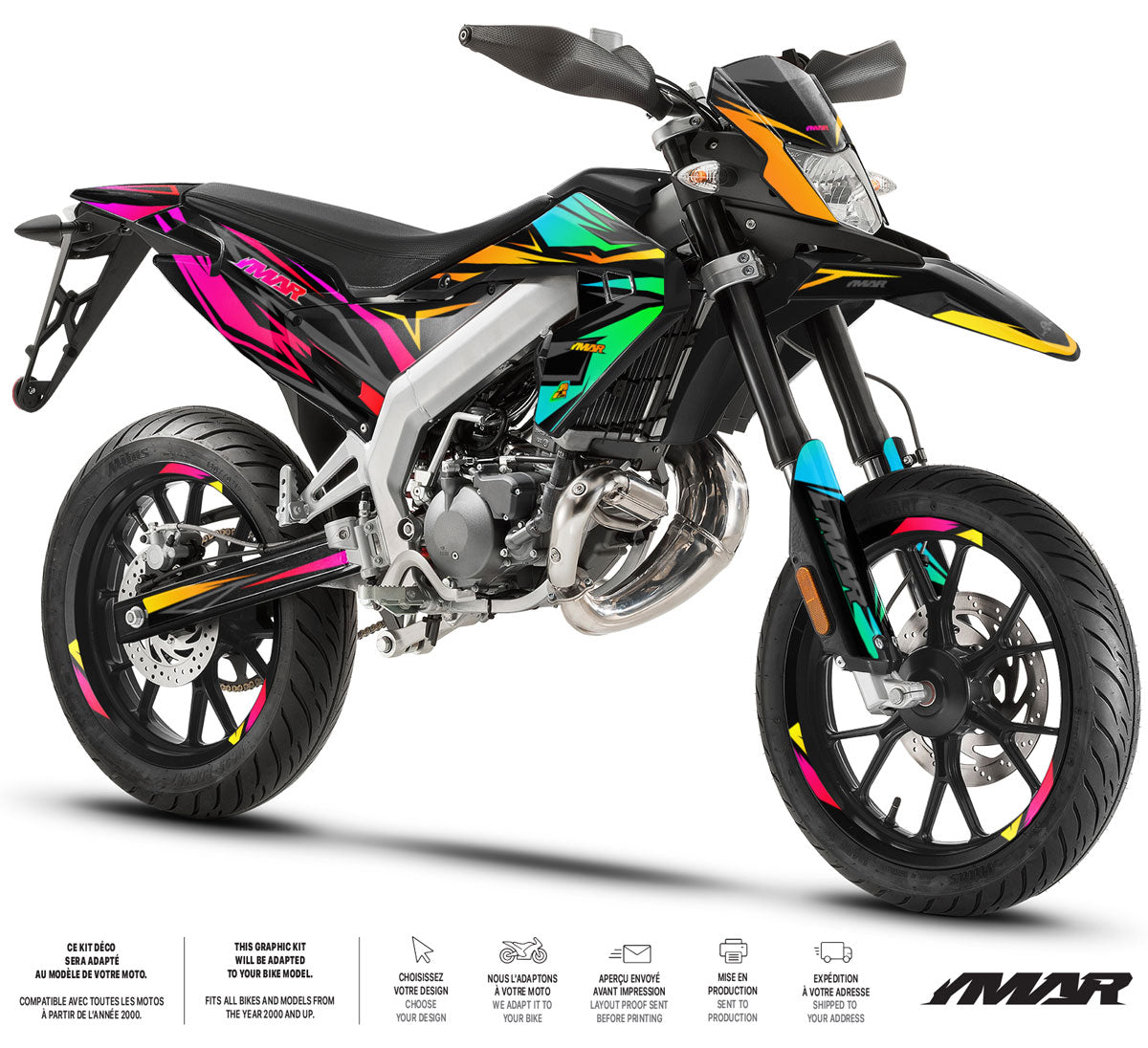 Kit déco moto 50cc Eclipse - Compatible avec Aprilia SX/RX 2018-2025 sur une moto graphique colorée.
