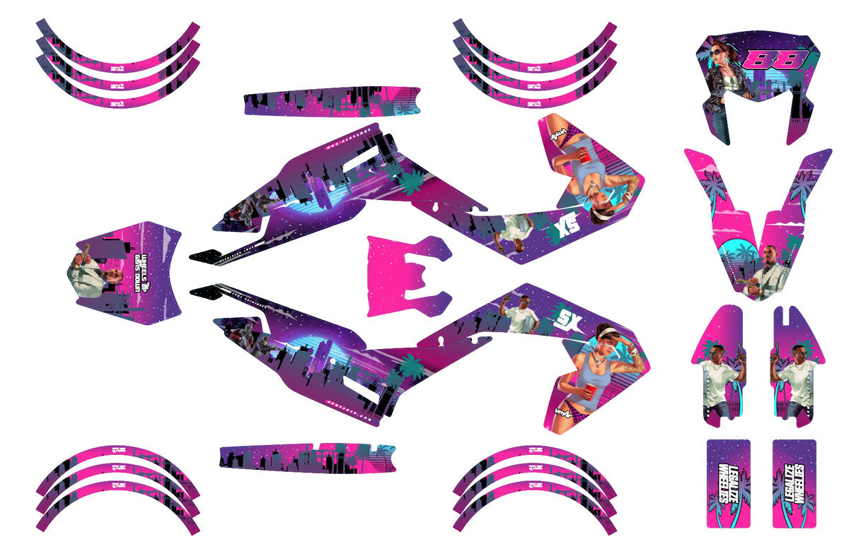 Kit déco moto 50cc GTA Style - Compatible avec Aprilia SX/RX 2018-2025, stickers colorés et design urbain inspiré.